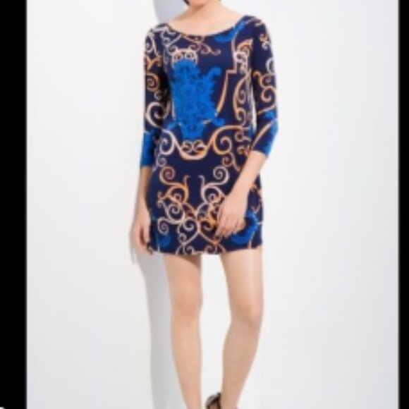 Tibi Baroque Print Mini Dress XS Blue Gold Fit Flare Pleated A Line Cocktail - Picture 4 of 6